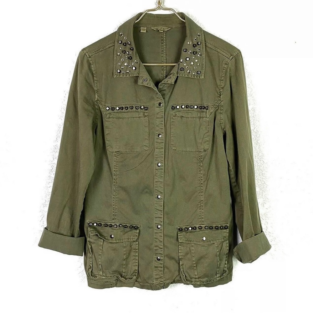 Guess Los Angeles Womens S Army Green Snap Front Jacket Studs Jewels Long Sleeve